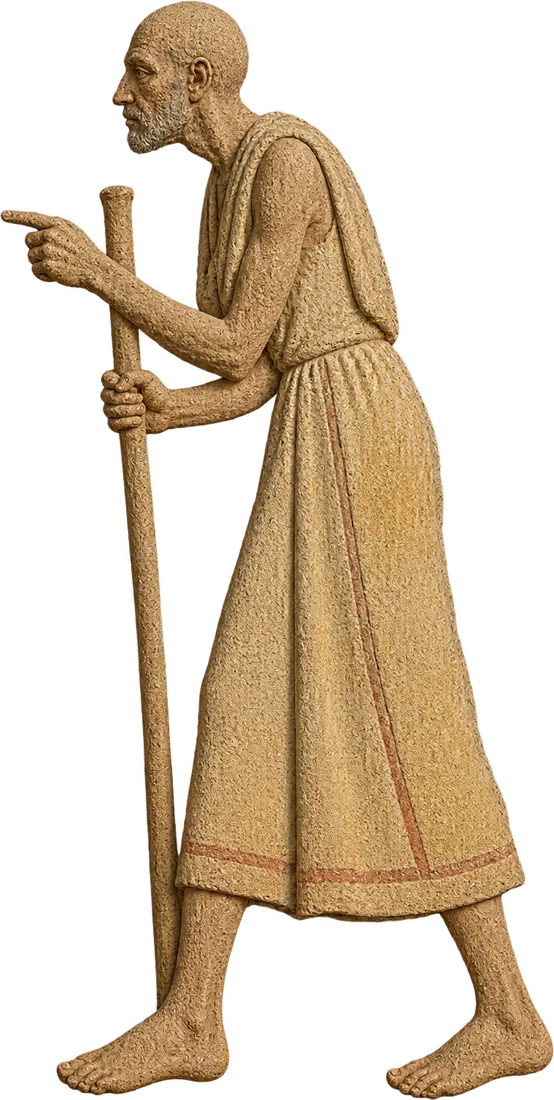 Hamadi Rest, figur relief lelaki tua bungkuk berjubah kuning pucat dengan tongkat panjang, menunjuk ke kiri.