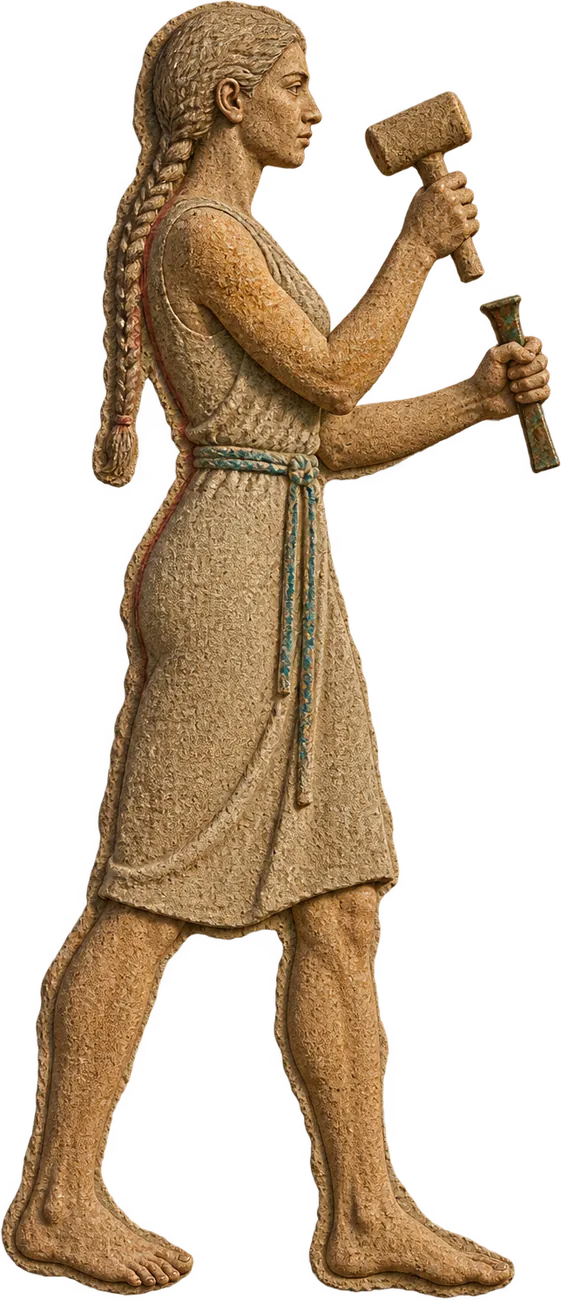 Neferi Tasan, figur relief perempuan berkepang dengan palu kayu dan pahat perunggu, menghadap ke kanan.